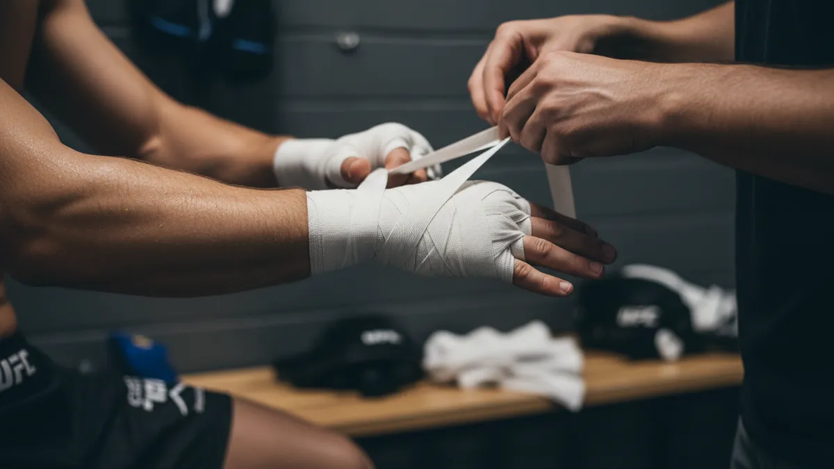 Manos de un peleador de UFC vendadas con cinta blanca antes de un combate.