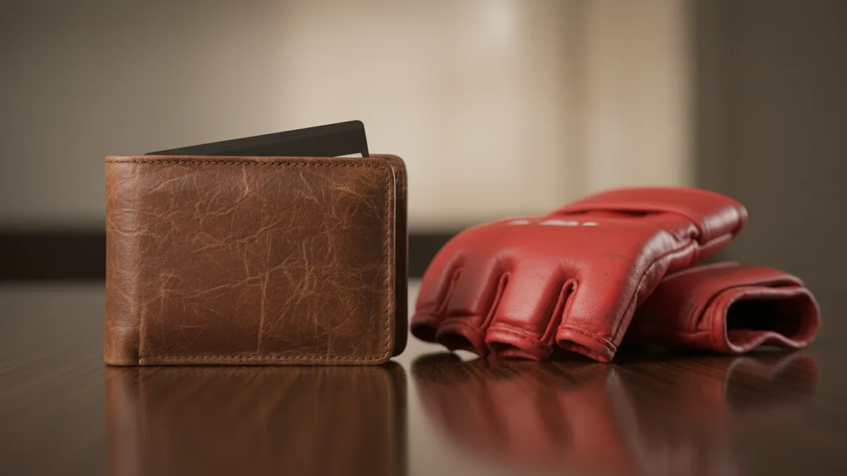 Billetera con tarjeta bancaria y guantes de UFC sobre mesa de madera.