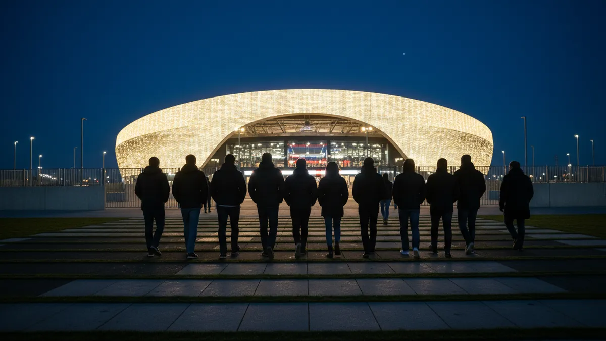 Aficionados caminando hacia la entrada iluminada de la arena UFC.