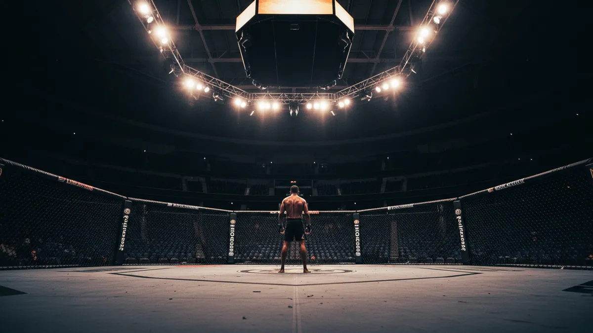 Un luchador de UFC en el octágono, visto de espaldas, bajo las luces.