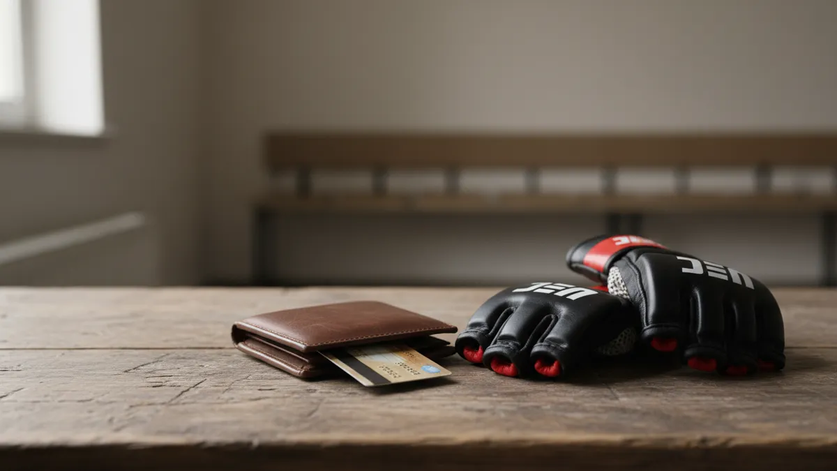 Billetera con tarjeta y guantes de la UFC sobre una mesa de madera.