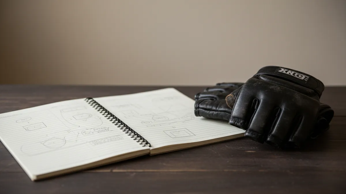 Un cuaderno con anotaciones a lápiz junto a guantes de la UFC en una mesa.