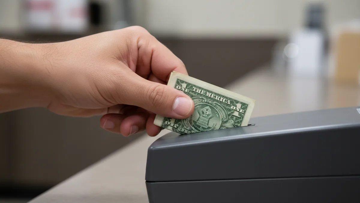Mano insertando un billete de un dólar en una terminal de pago oscura.