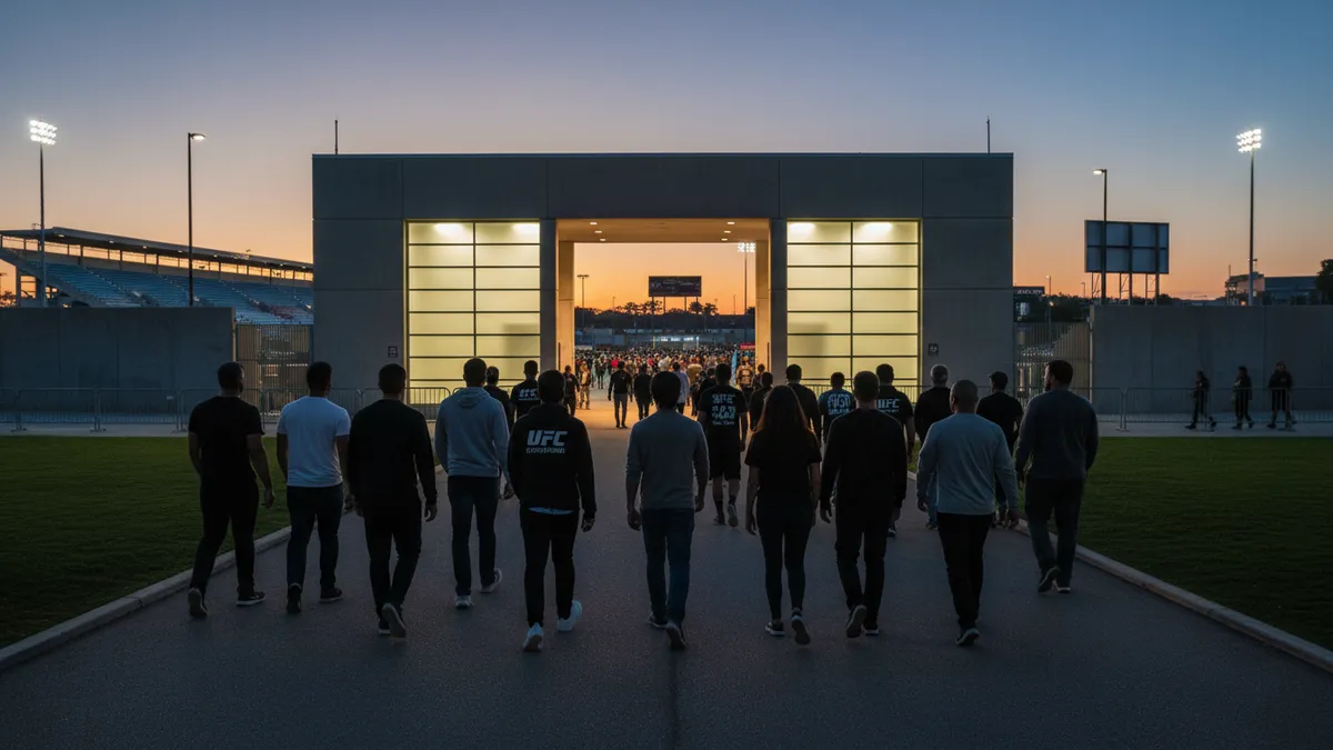 Aficionados de UFC caminan hacia la entrada de la arena al atardecer.