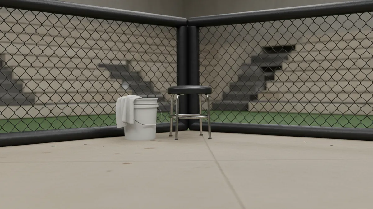 Rincón de la jaula de la UFC, con taburete, cubo y toalla.
