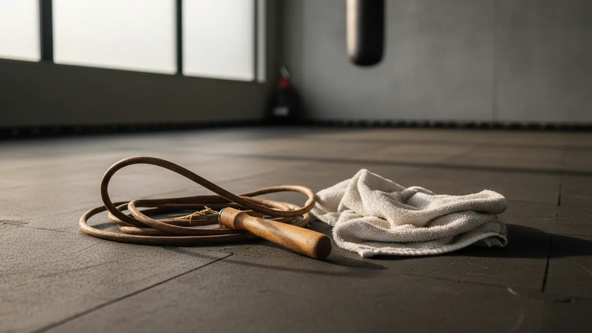 Una cuerda de saltar y una toalla en el suelo de un gimnasio.