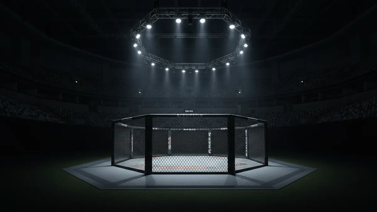 Luces de la arena sobre el octágono de la UFC contra la oscuridad.