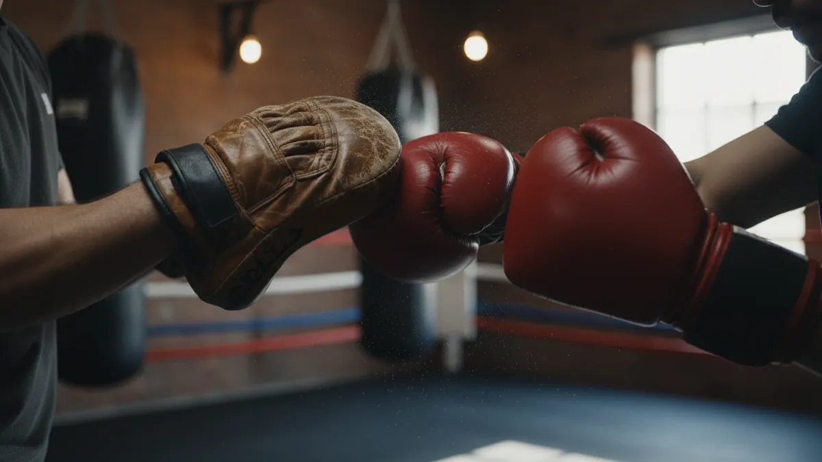 Guantes de boxeo de un luchador golpeando las manoplas de un entrenador.