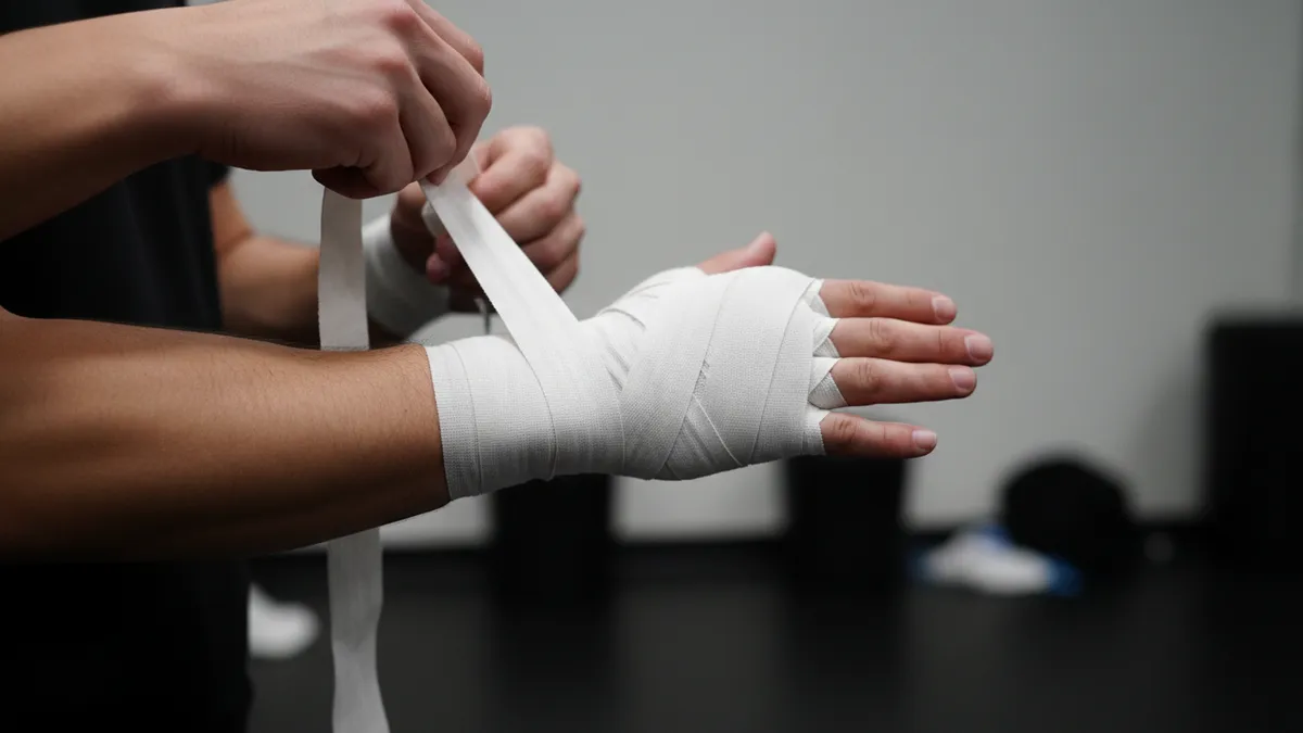 Manos de un peleador de UFC vendadas con cinta antes del combate.