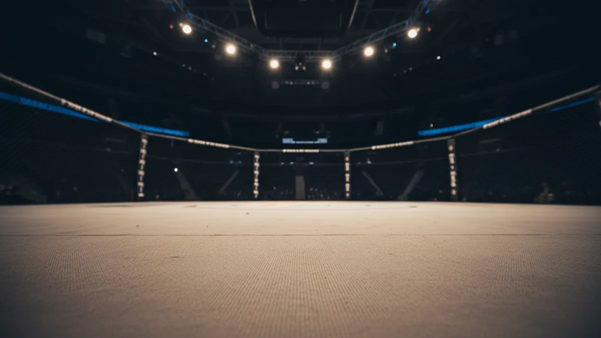 Lona lisa del octágono de la UFC, vista desde un ángulo bajo.