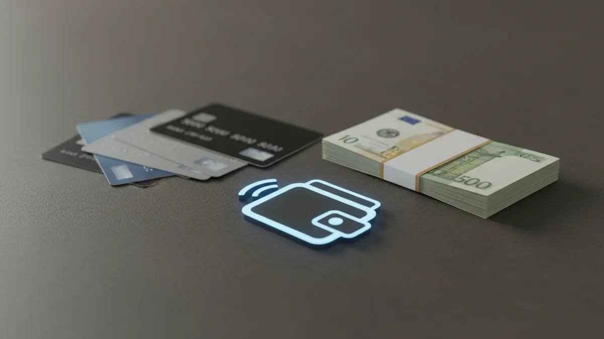 Tarjetas de crédito, símbolo de billetera digital y billetes en una superficie oscura.