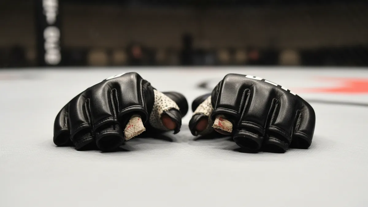 Guantes de MMA de dedos abiertos sobre la lona de la jaula de la UFC.