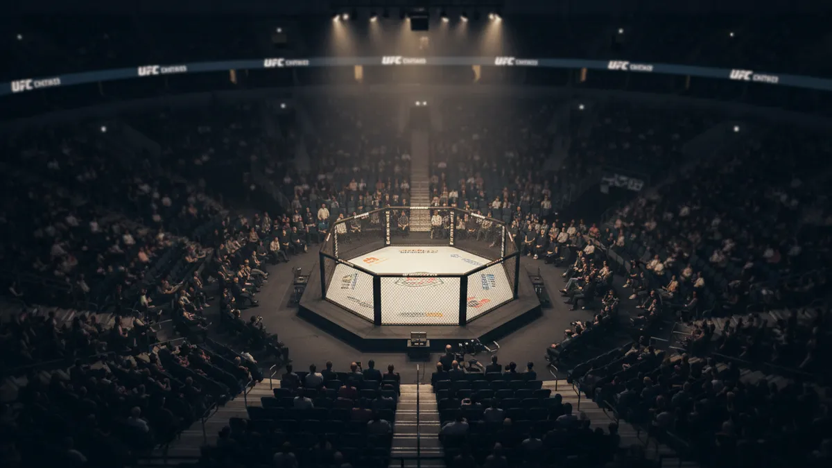 Amplia vista aérea de la arena UFC y el octágono iluminado.