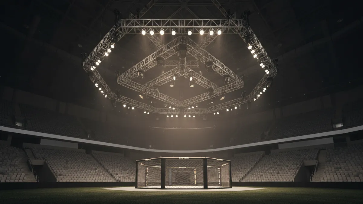 Luces de la arena de la UFC sobre la jaula, vistas desde las gradas.