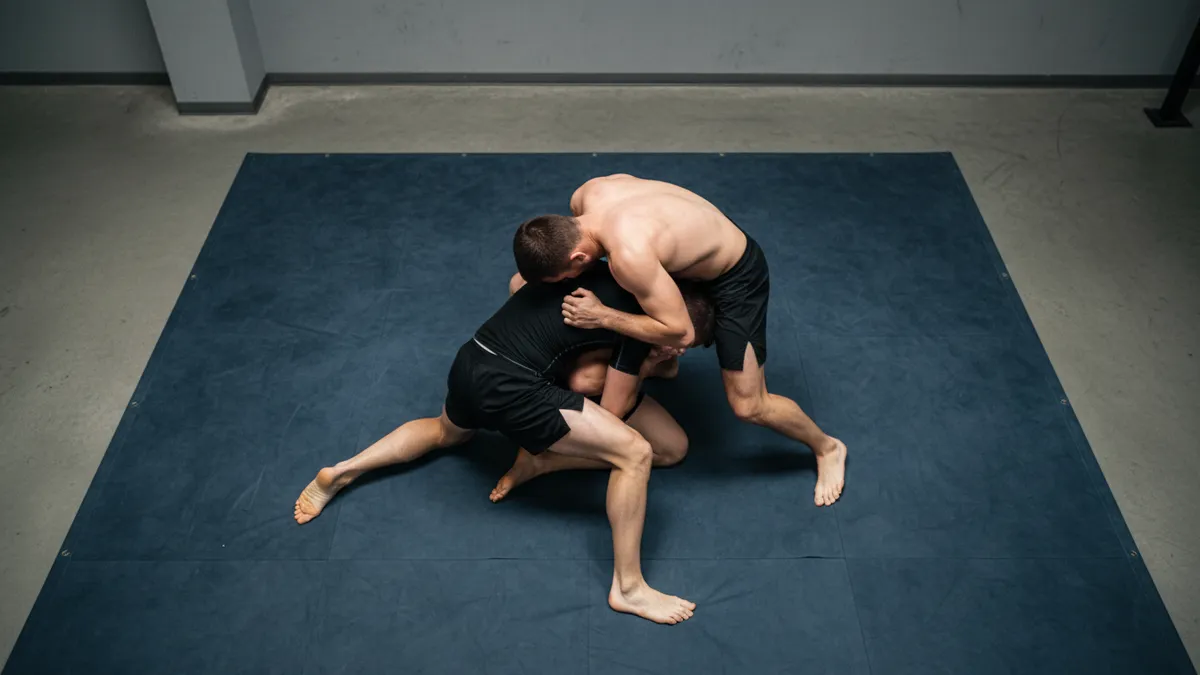 Dos luchadores entrenan grappling en el suelo de un gimnasio de MMA.
