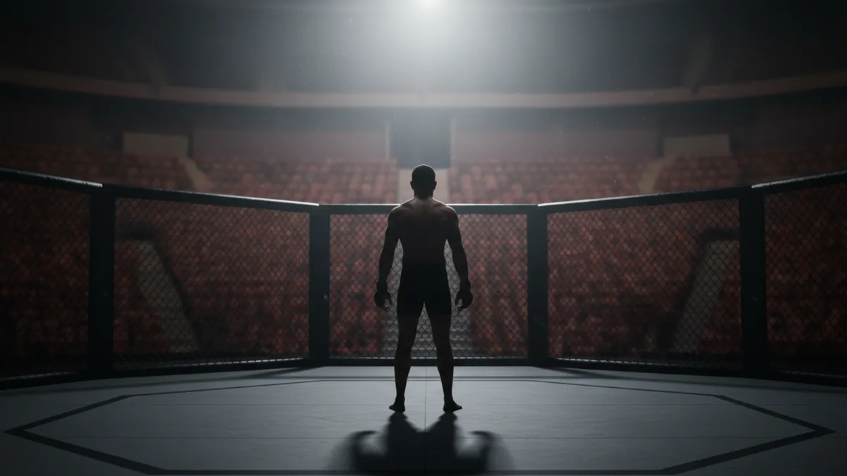 Un peleador de UFC en silueta bajo las luces de la arena.