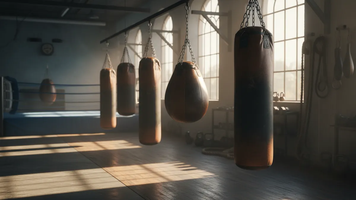 Sacos de boxeo colgados en un gimnasio de MMA vacío con luz matinal.