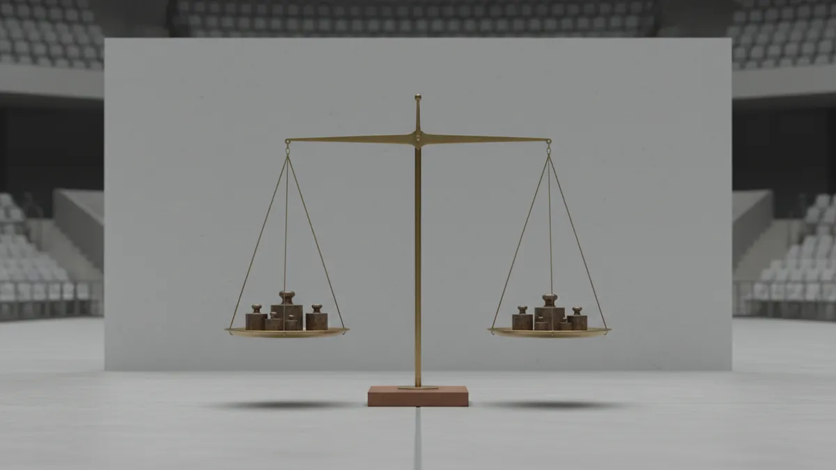 Una báscula de equilibrio clásica en un escenario, sus pesas en reposo.