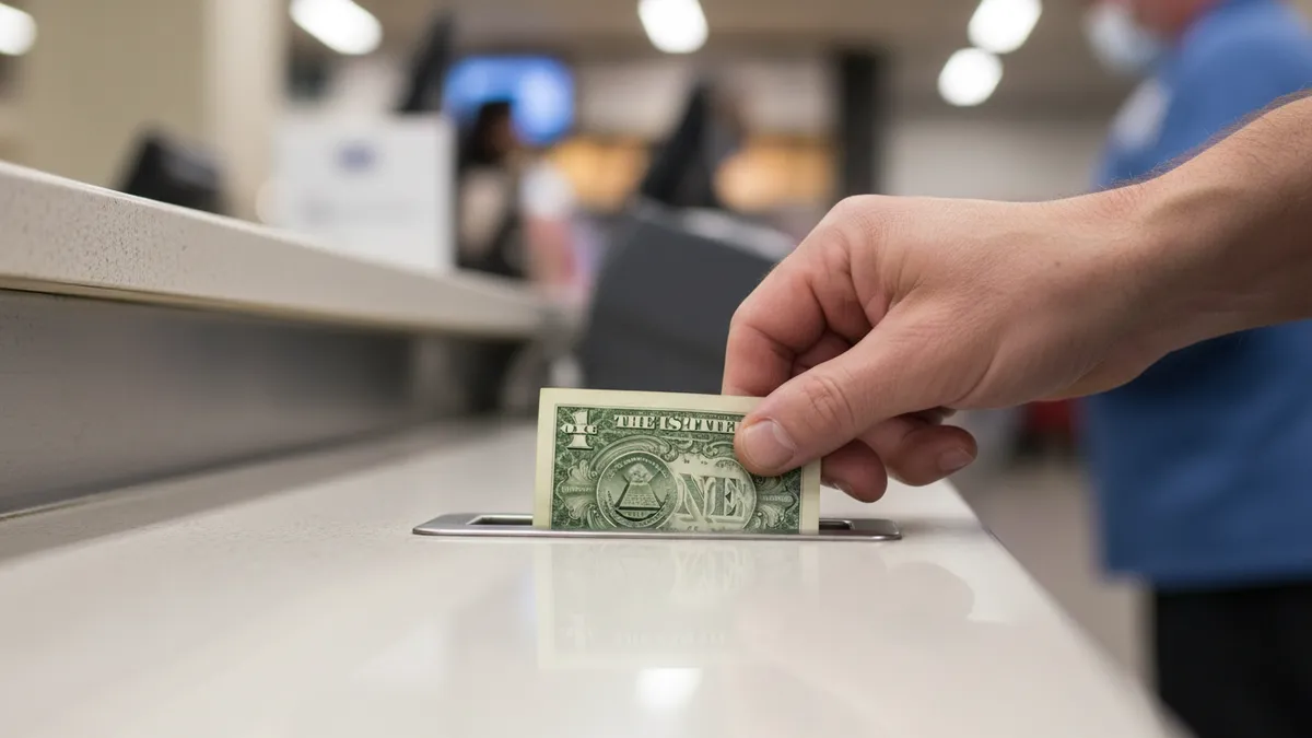 Una mano desliza un billete de dólar en una ranura de pago.