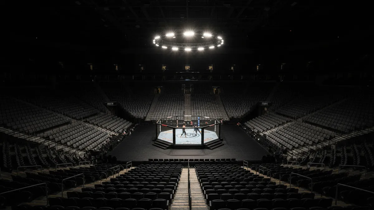 Luces de la arena de UFC sobre la jaula, vistas desde los asientos.