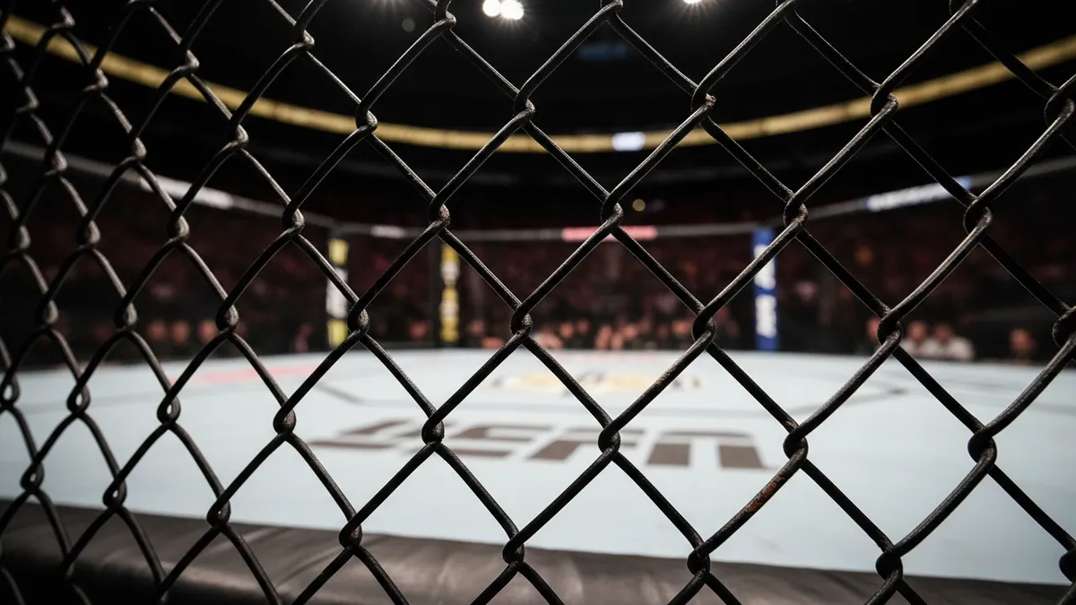 Primer plano de la valla negra de la jaula de la UFC, luces borrosas al fondo.