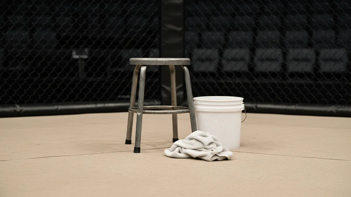 Un taburete, un cubo y una toalla en la esquina de la jaula de UFC.