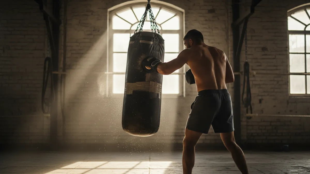 Un peleador golpea un saco de boxeo en un gimnasio poco iluminado.