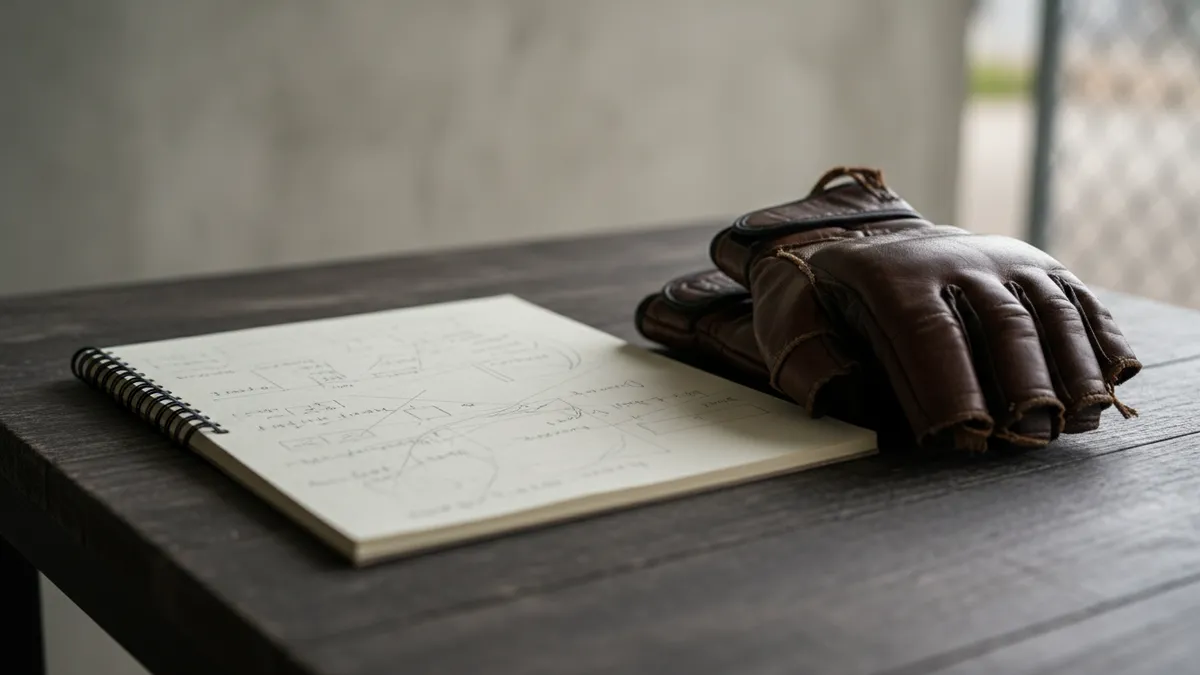 Un cuaderno con anotaciones a lápiz junto a guantes de pelea.
