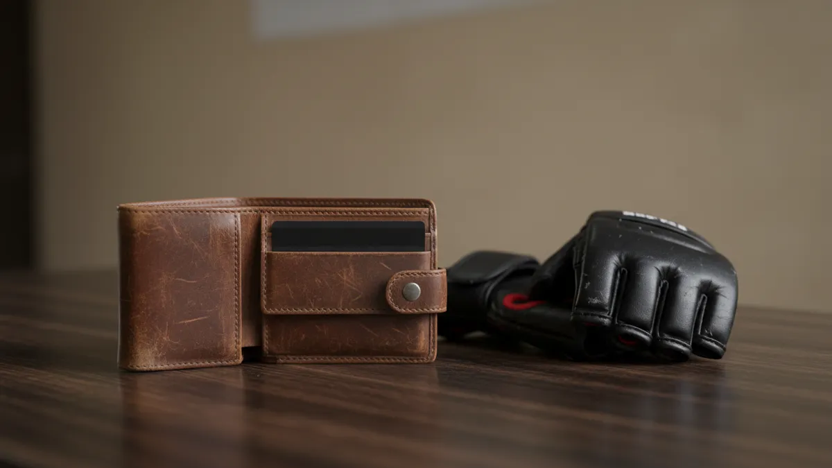 Billetera con tarjeta bancaria y guantes de la UFC en una mesa.