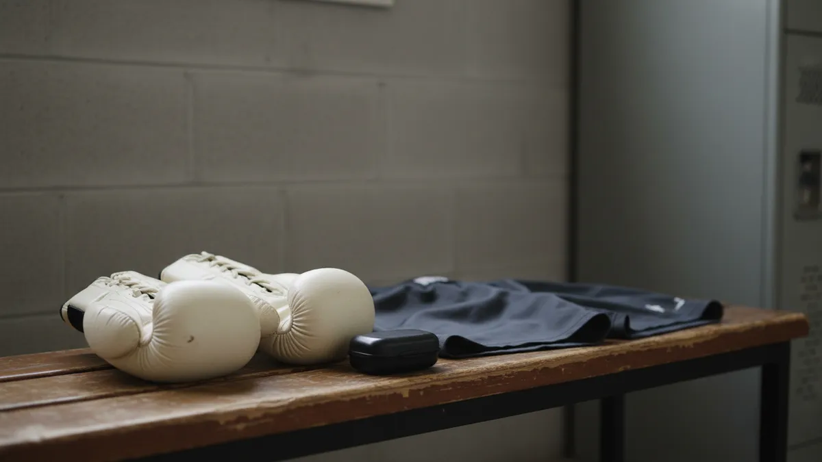 Equipo de UFC: pantalones, guantes y protector bucal sobre un banco.