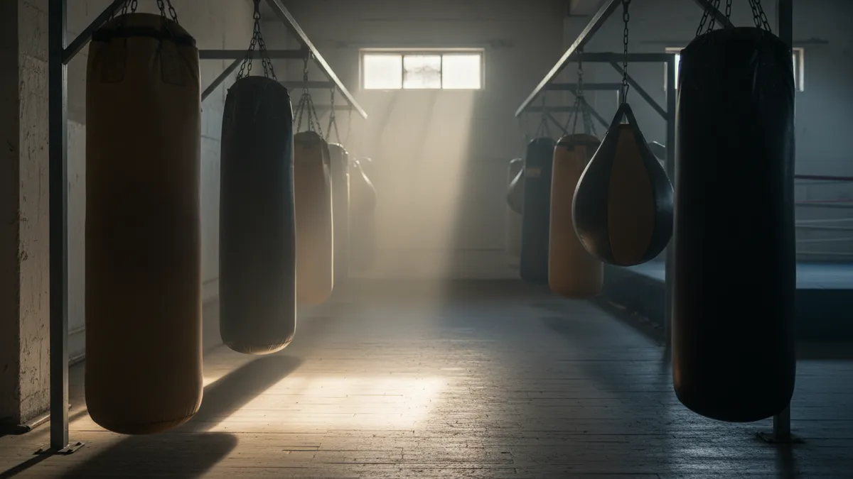 Sacos de boxeo en un gimnasio de MMA a la luz de la mañana.