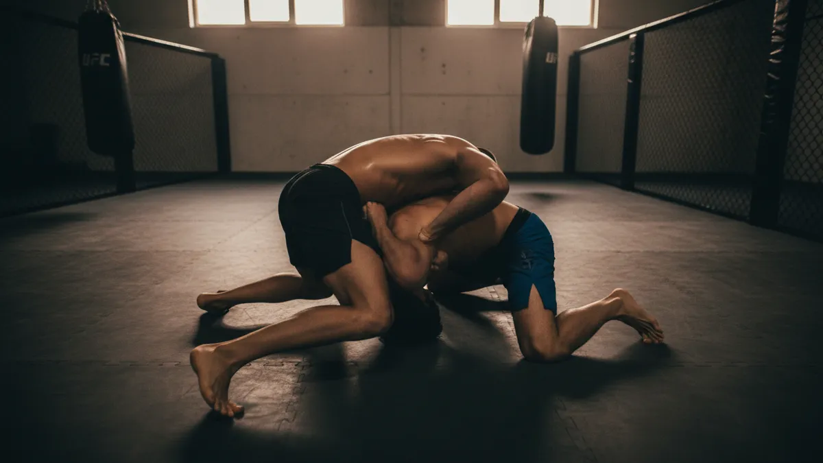 Dos luchadores de UFC entrenando derribos y sumisiones en la lona.