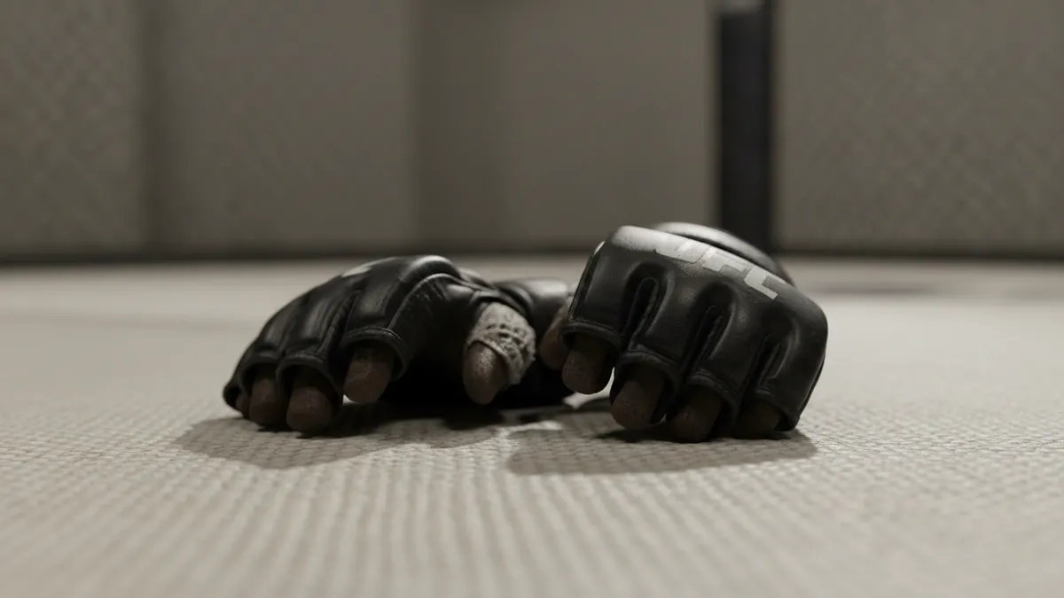 Guantes de UFC sobre lona, ambiente tenue, enfatizando la preparación.