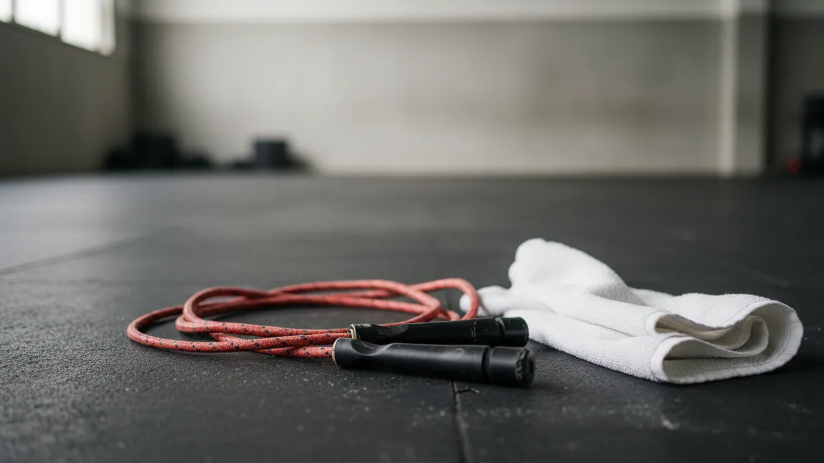 Una cuerda de saltar y una toalla en el suelo del gimnasio.