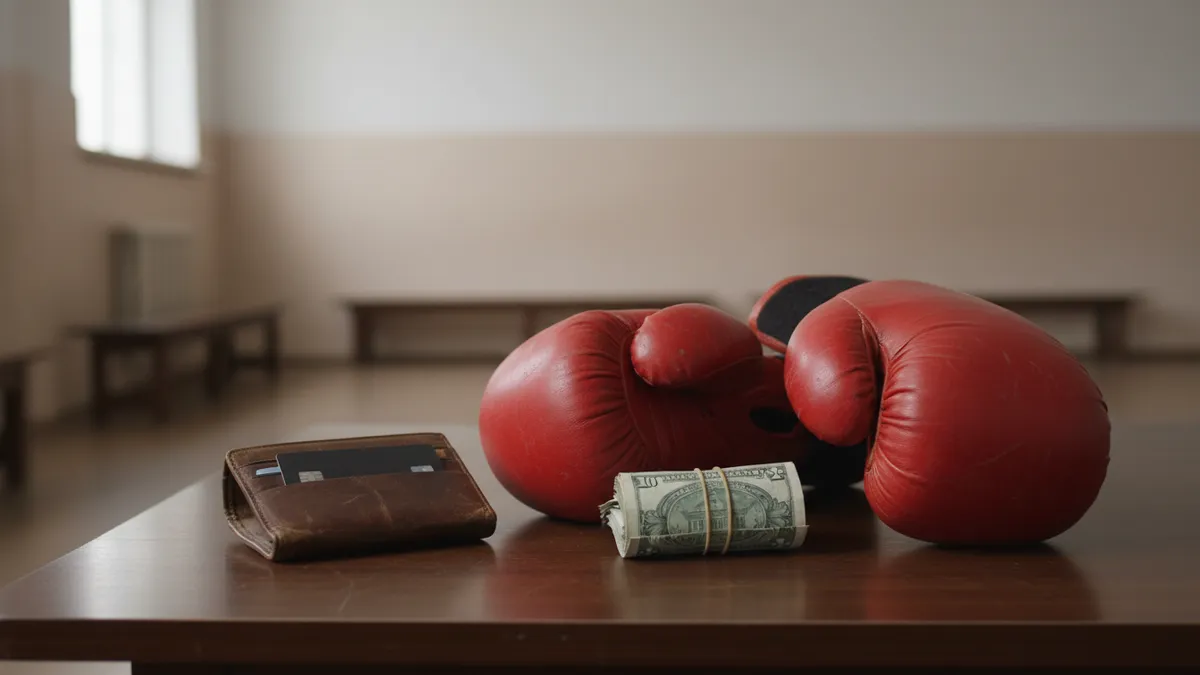 Billetera con tarjeta, guantes de boxeo y billetes en una mesa de madera.