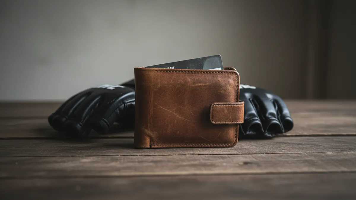 Una billetera con tarjeta bancaria y guantes de UFC sobre una mesa.