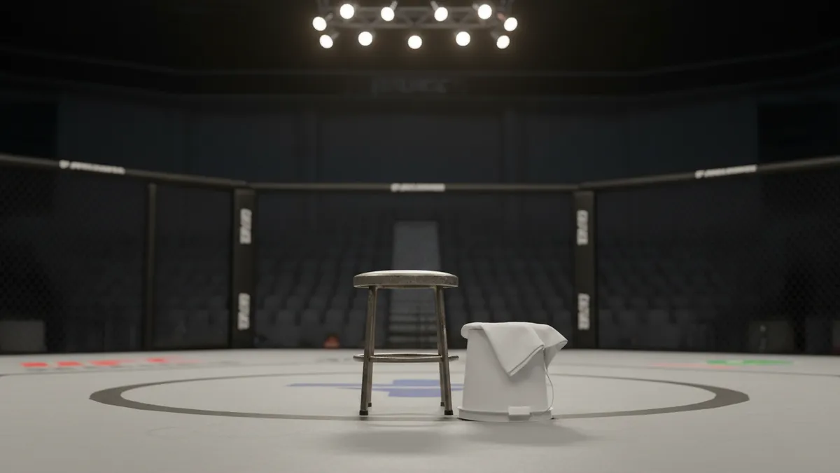 Un taburete, un cubo y una toalla en la esquina de la jaula de UFC.